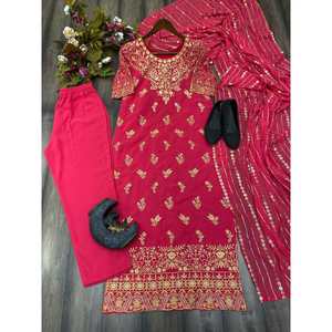 ATRACTIVE GEORGETTE BORDADO SECUENCIA TRABAJO TOP PANT CON DUPATTA ROSA - Product Image 2