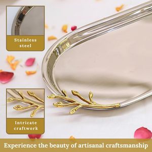 Handmade <b>Silver</b> Plated <b>Mirror</b> Tray with Gold Leaf Branch Design Elegant Decorative Serving Tray for Sweets Dry Fruits Snacks Tea - Product Image 6