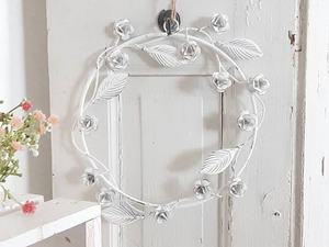 White Metal Floral Wreath Round Handmade Decorative Farmhouse Style Unlit <b>Single</b> Piece - Product Image 1