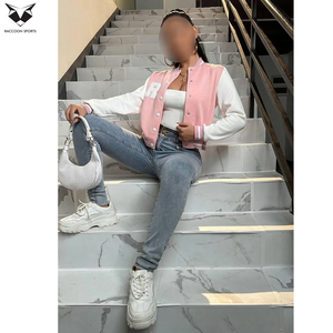 2026 Pink White Varsity <b>Jackets</b> Women Full Sleeve Turn Down Collar Button Closure Autumn Wear Solid Color Short Length - Product Image 4