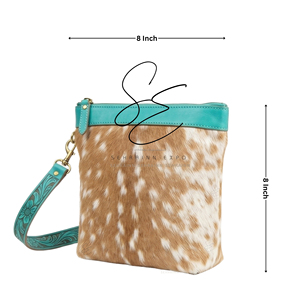 Turquoise Leather Crossbody <b>Bag</b> with Real Fur Zipper Closure Boho Fashion Tooled Strap Daily Use Purse <b>Mini</b> Shoulder <b>Bag</b> - Product Image 3