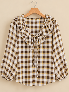 เสื้อชีฟองลายสก๊อตสำหรับผู้หญิงพร้อมปกจับจีบและแขนทรงบอลลูนเสื้อทรงหลวมลำลองสำหรับสวมใส่ในชีวิตประจำวัน - Product Image 2