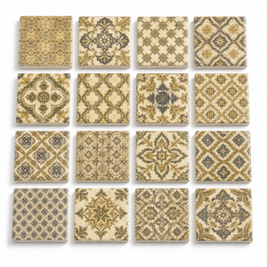 Ensemble de sous-verres en marbre faits à la main, sur mesure, avec impression damassée vintage or et bleu, sous-verres carrés en pierre naturelle - Product Image 2