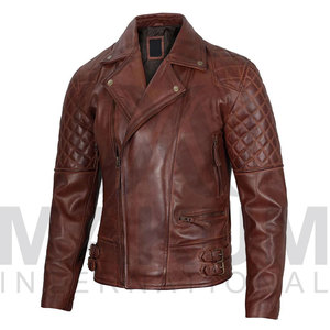 Blouson aviateur en cuir véritable pour homme, col montant, fermeture éclair, épaules matelassées, coupe ajustée, vêtement d'hiver - Product Image 4