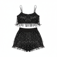 Costume de danse personnalisé pour femmes, noir, à franges et sequins, ensemble 2 pièces, haut court et short, pour spectacle sur scène, OEM