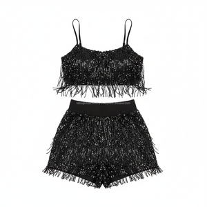 Costume de danse personnalisé pour femmes, noir, à franges et sequins, ensemble 2 pièces, haut court et short, pour spectacle sur scène, OEM - Product Image 4