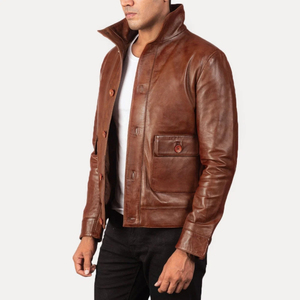 Men's <b>Brown</b> Genuine Leather <b>Jacket</b> Stand Collar Button Closure Slim Fit Regular Length Casual Autumn Style - Product Image 2