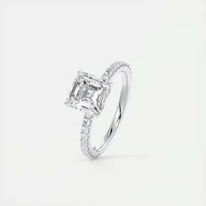 Anillo de compromiso con diamante cultivado en laboratorio de 2.50 quilates, corte Asscher, con pavé floral y engaste francés en oro blanco de 14K - Product Image 2