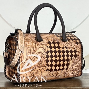 Elegant Vintage Handcrafted Genuine Cowhide <b>Leather</b> Large Speedy Bag Checkered Western Travel Weekender Handbag for Women's - Product Image 1