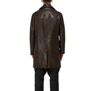 Classic Men's Brown Cowhide Leather One Whole Leather Thick <b>Waterproof</b> Quick Dry Regular Crew Neck Long Jacket Coat - Product Image 4