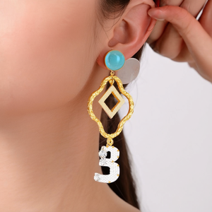Cyan Gold Plated Vintage Chandelier Drop Earrings with Pearl and Princess Cut Number - Product Image 3
