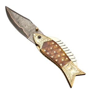 Cuchillo de Bolsillo de Edición Limitada Hecho a Mano de Acero de Damasco y Cobre con Mango de Latón y Hueso, Hermosa Hoja con Líneas de Cobre San Mai ODM - Product Image 1