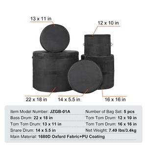 Kit Borsa per Batteria Resistente a 5 Pezzi in Tessuto Oxford 1680D con Tracolla Rimovibile da 1,5 m e Maniglie Imbottite per Strumenti Musicali - Product Image 4