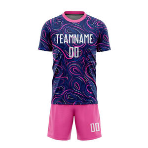 Conjunto de Camiseta de Fútbol Rosa con Patrón en Espiral Azul Marino, Manga Corta, Cuello en V, Unisex, 100% Poliéster, Absorbe la Humedad, con Nombre y Número del Equipo Impresos - Product Image 5