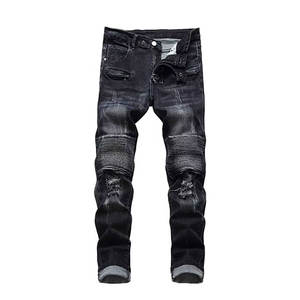 กางเกงยีนส์เดนิมแบบสั่งทำสำหรับผู้ชาย แฟชั่นลายปะติดปะต่อ กางเกงยีนส์ทรงไบค์เกอร์ ทรงสลิม สกินนี่ กางเกงมอเตอร์ไซค์ ซิป กางเกงยีนส์เดนิมยืดสำหรับขี่มอเตอร์ไซค์ - Product Image 1