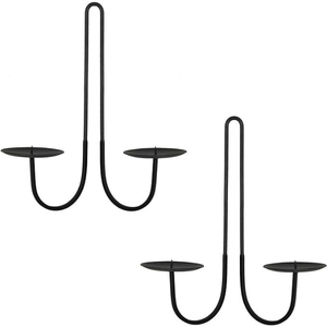 Support mural double bras en fer noir pour bougies, idéal pour la décoration murale de la maison, des mariages et des lumières de Noël - Product Image 1