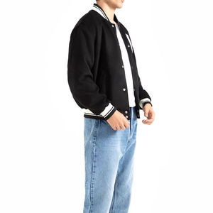 <b>Men's</b> Black <b>Suede</b> Varsity <b>Jacket</b> Turn-down Collar Regular Fit Single Breasted Solid Color Autumn Wear - Product Image 3