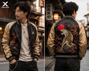 X Sports City Men's Satin Souvenir Varsity <b>Jacket</b> Embroidered Dragon Tiger Cherry Blossom Japanese Style Turn-Down Collar Zipper - Product Image 3
