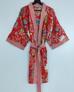 Robe de chambre kimono longue en coton à col en V avec ceinture, respirante, pour la nuit ou comme paréo de plage - Product Image 4