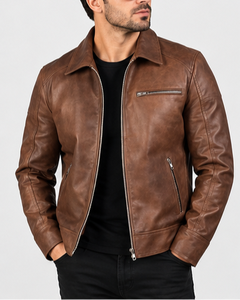 Chaqueta de Moto para Hombre, Estilo Urbano, de Cuero PU Marrón, Cuello Redondo, Cierre de Cremallera, Logotipo Frontal, Corte Regular, Estilo Otoñal - Product Image 2
