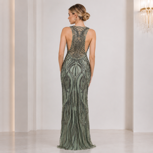 Luxury Sage Green <b>Sequin</b> Mermaid Evening Gown Women | Sleeveless Designer Maxi Dress Natural Embroidery | Elegant Party Wedding - Product Image 4