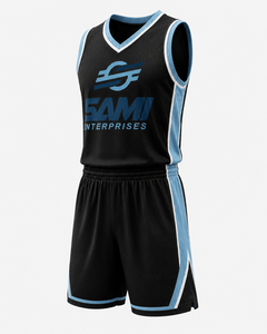 Ensemble de maillots de basketball SAMI ENTERPRISES, uniforme en mesh sublimé noir et bleu, col en V, sans manches, taille élastique, tenue d'équipe personnalisée pour - Product Image 4