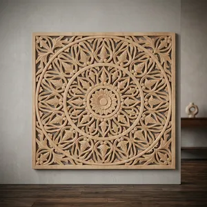 Panneau mural carré en bois artisanal avec sculpture florale complexe, art décoratif traditionnel - Product Image 2