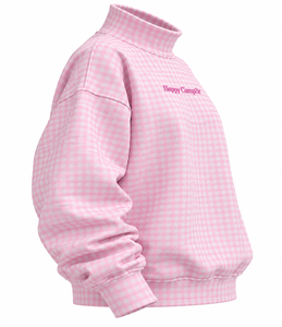 Sweat-shirt décontracté surdimensionné en molleton de coton pour femme, col montant, motif gingham, lettres brodées et sérigraphiées, personnalisable en gros - Product Image 3
