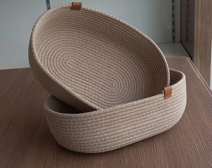 Paniers de rangement ovales en corde avec poignées en cuir, empilables, style nordique, organisateurs polyvalents pour un rangement soigné - Product Image 1