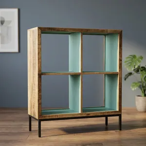 Estante de Almacenamiento Rústico de Madera y Hierro con 4 Cubos Cuadrados, Estantes Abiertos y Acabado Reciclado para Sala de Estar - Product Image 2