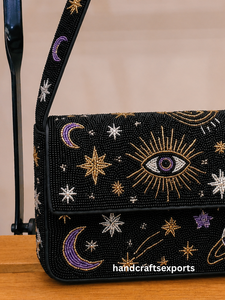 Bolso de Hombro Bohemio de Lujo Hecho a Mano con Cuentas, Patrón de Ojo Cósmico, Luna y Estrellas, Moderno, a la Moda, de Alta Calidad, Resistente y Portátil - Product Image 2