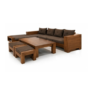 Juego de Sofá Esquinero de Madera Premium con Cojines de Tela Oscura, Mesa de Centro y Otomana a Juego para Salón de Hotel o Apartamento Moderno - Product Image 4