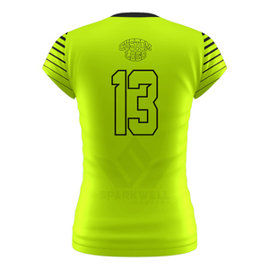เสื้อวอลเลย์บอลหญิงสีเหลืองแบบสั่งทำพิเศษ แขนสั้น พิมพ์ลายแบบซับลิเมชั่น ระบายเหงื่อได้ดี ผลิตจากโพลีเอสเตอร์ 100% คอกลม - Product Image 4