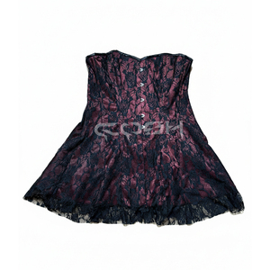 ชุดเดรสคอร์เซ็ทผ้าซาตินสีเบอร์กันดีประดับลูกไม้ลายดอกไม้สีดำสไตล์โกธิคสตีมพังก์ทรงมินิแฟลร์ ราคาขายส่ง - Product Image 1