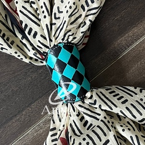 2026 Trending Boho Turquoise Checkered Hand <b>Tooled</b> Genuine Cowhide <b>Leather</b> Scarf Slide Western Designer Scarf Holder for Cowgirl - Product Image 1