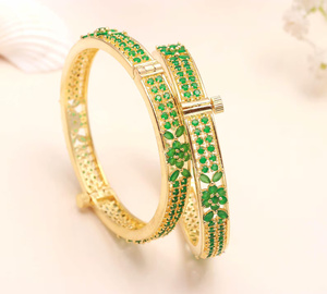 Handmade Emerald Stone <b>Bangle</b> <b>Bracelet</b> Gold Plated Traditional Indian Brass Kada Round and Marquise Design - Product Image 3