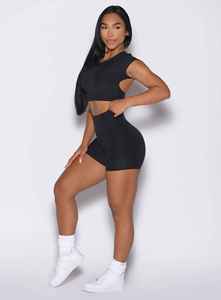 Women's <b>Black</b> 2 Piece Sports Set Crop <b>Top</b> High Waist Shorts Solid Color Spandex Knitted Breathable Skinny Fit Pocket Spring - Product Image 3