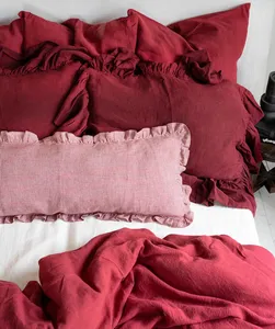 Funda de Almohada de Lino a Cuadros Rojos con Volantes, Funda de Almohada Lumbar con Volantes, Funda de Cojín Decorativa a Cuadros Rojos con Borde con Volantes - Product Image 6