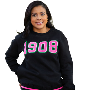 Custom <b>Black</b> Women's Embroidered Sweatshirt with 1908 Pink and Green Lettering Crew Neck <b>Long</b> Sleeve Casual Fashion <b>Top</b> - Product Image 1