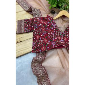 Sari de Seda de Diseño para Bodas, Hermoso con Lentejuelas y Borde de Encaje Bordado con Hilo Jari Dori - Product Image 1