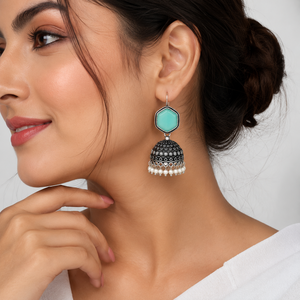 Wholesale Oxidized Silver Aqua Blue <b>Cat</b> Eye Stone Cushion Cut Pearl Jhumka <b>Earrings</b> for Women Ethnic Boho Jewelry - Product Image 3