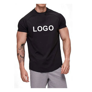 T-shirt personnalisé OEM pour homme, noir, manches courtes, col rond, séchage rapide, avec impression de logo sur le devant, coupe ajustée, décontracté, en polyester tricoté - Product Image 1