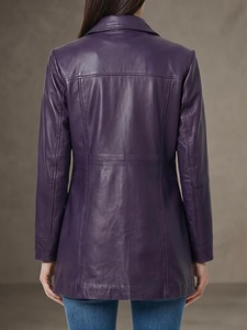 Veste en cuir d'agneau véritable pour femme, style trucker, boutonnée, col chemise, marron violet, vintage - Product Image 3