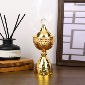 Luxury Gold Finish Crystal Oud Burner <b>Hammered</b> Metal Goblet Design With Lid. Premium Arabian Bakhoor <b>Holder</b> For Home Decor - Product Image 2