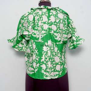 Túnica Vintage de Verano, Corte Regular, Estampado Floral Dulce, 100% Algodón Lavable, Estilo Casual, Toque Femenino, Cuello Redondo con Volantes, Manga Media, Mini - Product Image 6