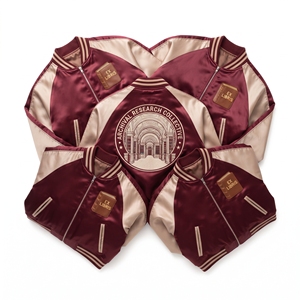 Wholesale Satin Bomber Jacket <b>Maroon</b> Beige Library Archive Embroidered Varsity <b>Coat</b> Front Zip Outerwear Direct Factory - Product Image 1