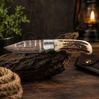 Couteau pliant Damas en cuivre, couteau de poche Damas, manche en bois de cerf, couteau EDC fait main avec étui en cuir