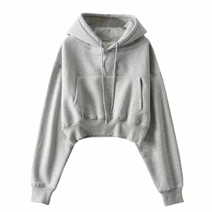 Customized women's <b>hoodies</b> 320 GSM <b>American</b> sleeves crop top <b>hoodies</b> women solid Color easy fit women's sweatshirt - Product Image 2