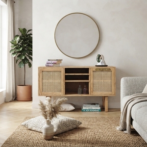 Rustic Wood Cabinet Rattan Door Storage <b>Sideboard</b> Balinese Handcrafted Buffet <b>Kitchen</b> Cupboard Home Furniture Display Item Tops - Product Image 2