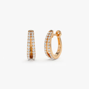 14k Pure <b>Gold</b> Double Layer Natural Diamond <b>Huggies</b> Hoop Earrings Custom Made Jewelry Double Line 0.50C Pave Diamond Hoop Earring - Product Image 3